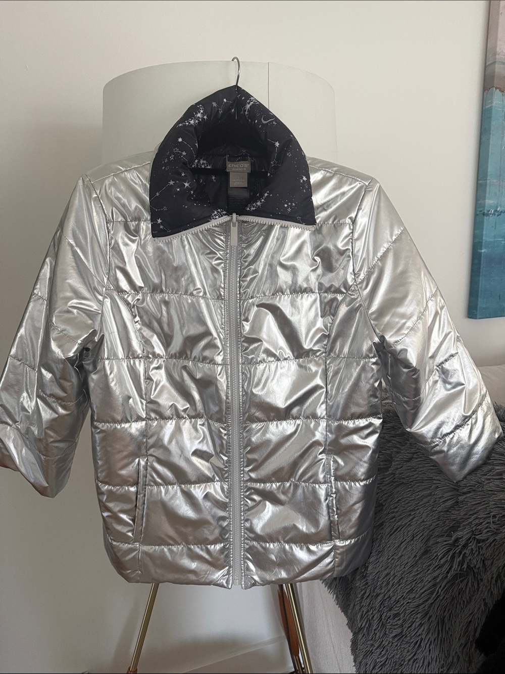 Chico's Silver Lightweight Puffer Jacket - Reversible Size 1